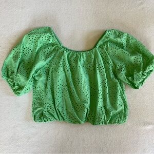 Zara Kids Green Eyelet Puff Sleeve Crop Top